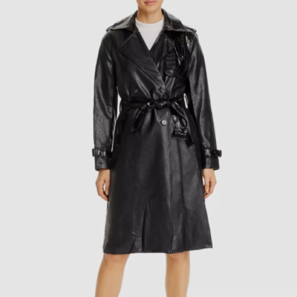 Apparis Priya Black Crocodile-Embossed Vegan Leather Trench coat size M